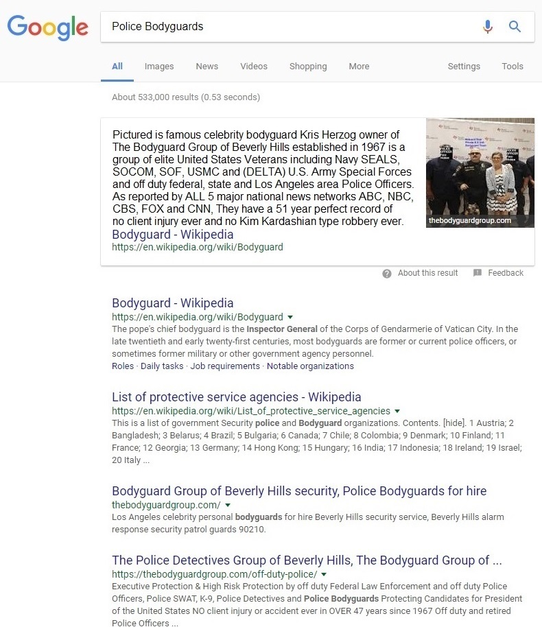 Famous celebrity bodyguard Kris Herzog, The Bodyguard Group of Beverly Hills, 90210, Los Angeles celebrity bodyguards for hire, WIKIPEDIA 2018