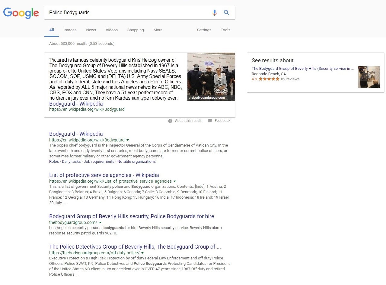 Famous celebrity bodyguard Kris Herzog, The Bodyguard Group of Beverly Hills, 90210, Los Angeles celebrity bodyguards for hire, WIKIPEDIA Jan 2018