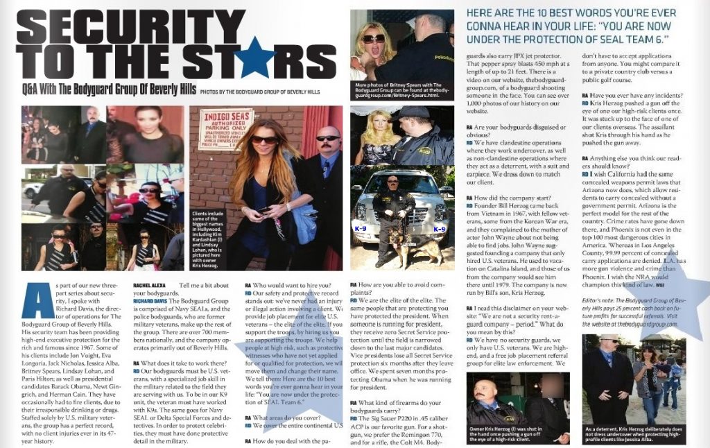 Famous celebrity bodyguard Kris Herzog of The Bodyguard Group of Beverly Hills security 90210 Interview pages 1 and 2