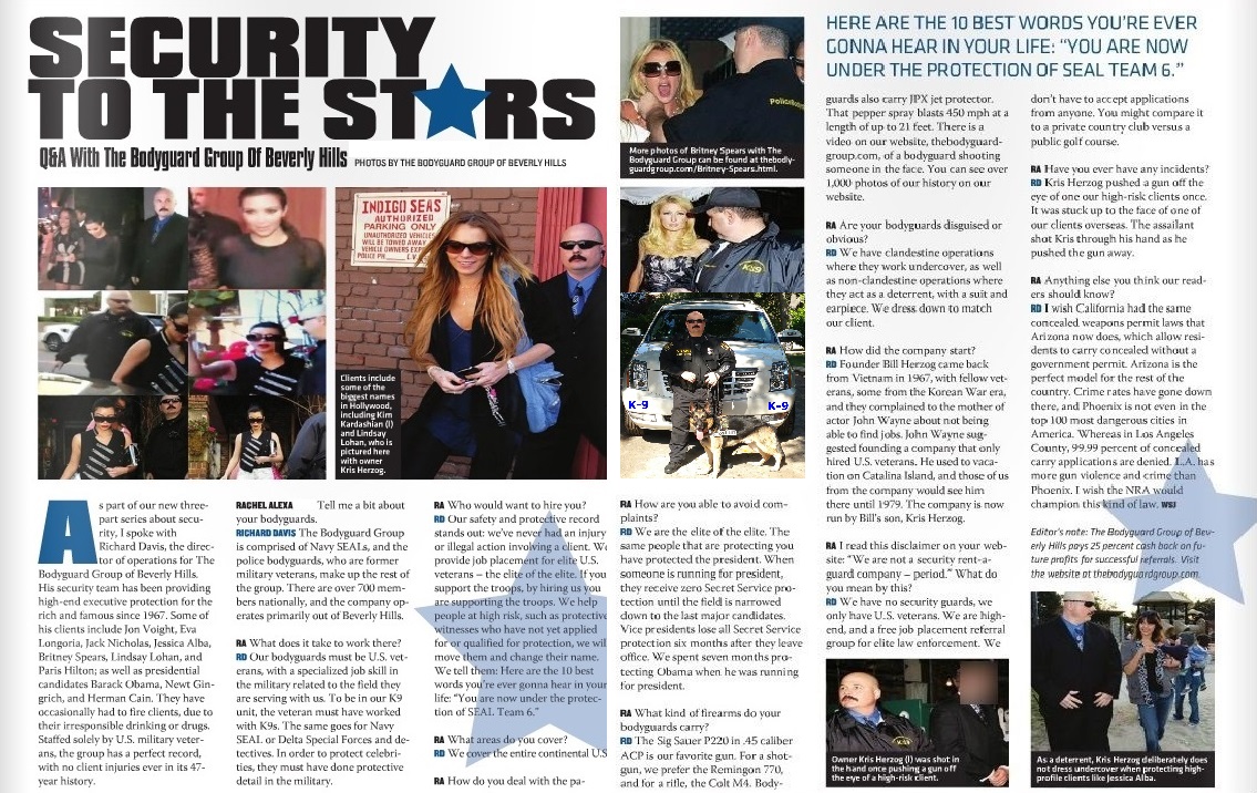 Famous celebrity bodyguard Kris Herzog of The Bodyguard Group of Beverly Hills security 90210 Interview pages 1 and 2