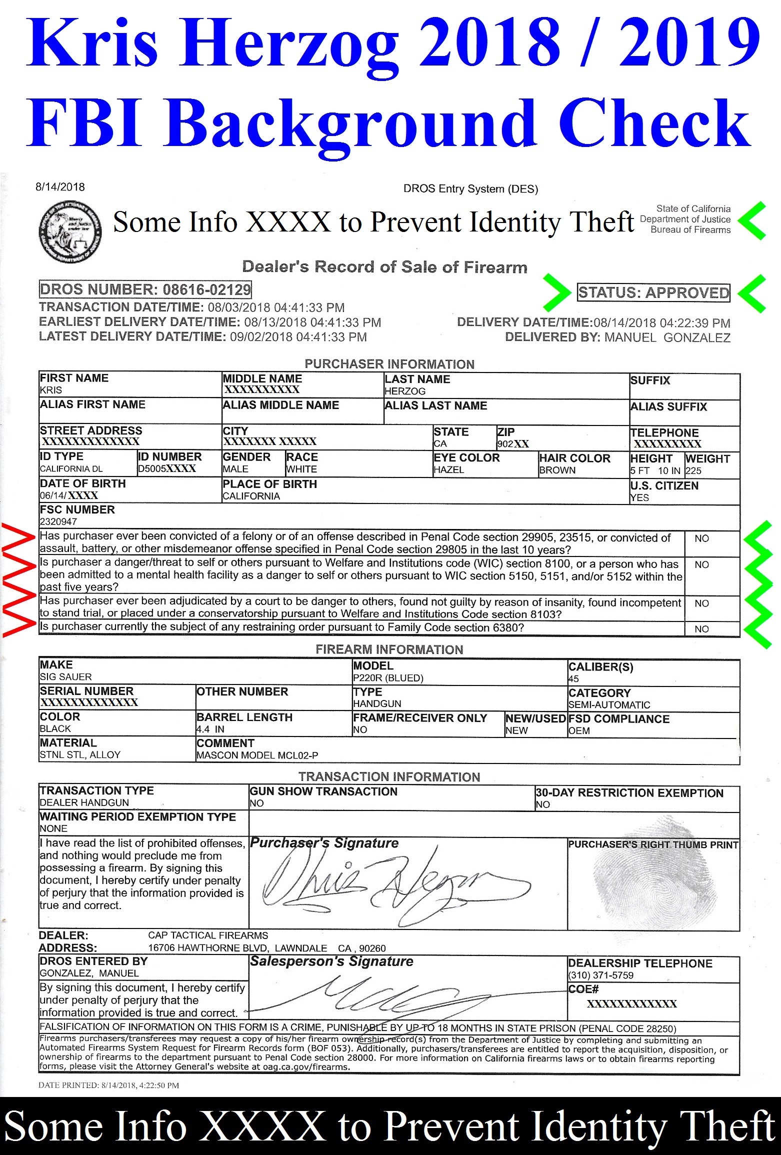 KRIS HERZOG FBI BACKGROUND CHECK FOR GUN PURAHASCE AND REGISTRATION The Bodyguard Group of Beverly Hills 90210