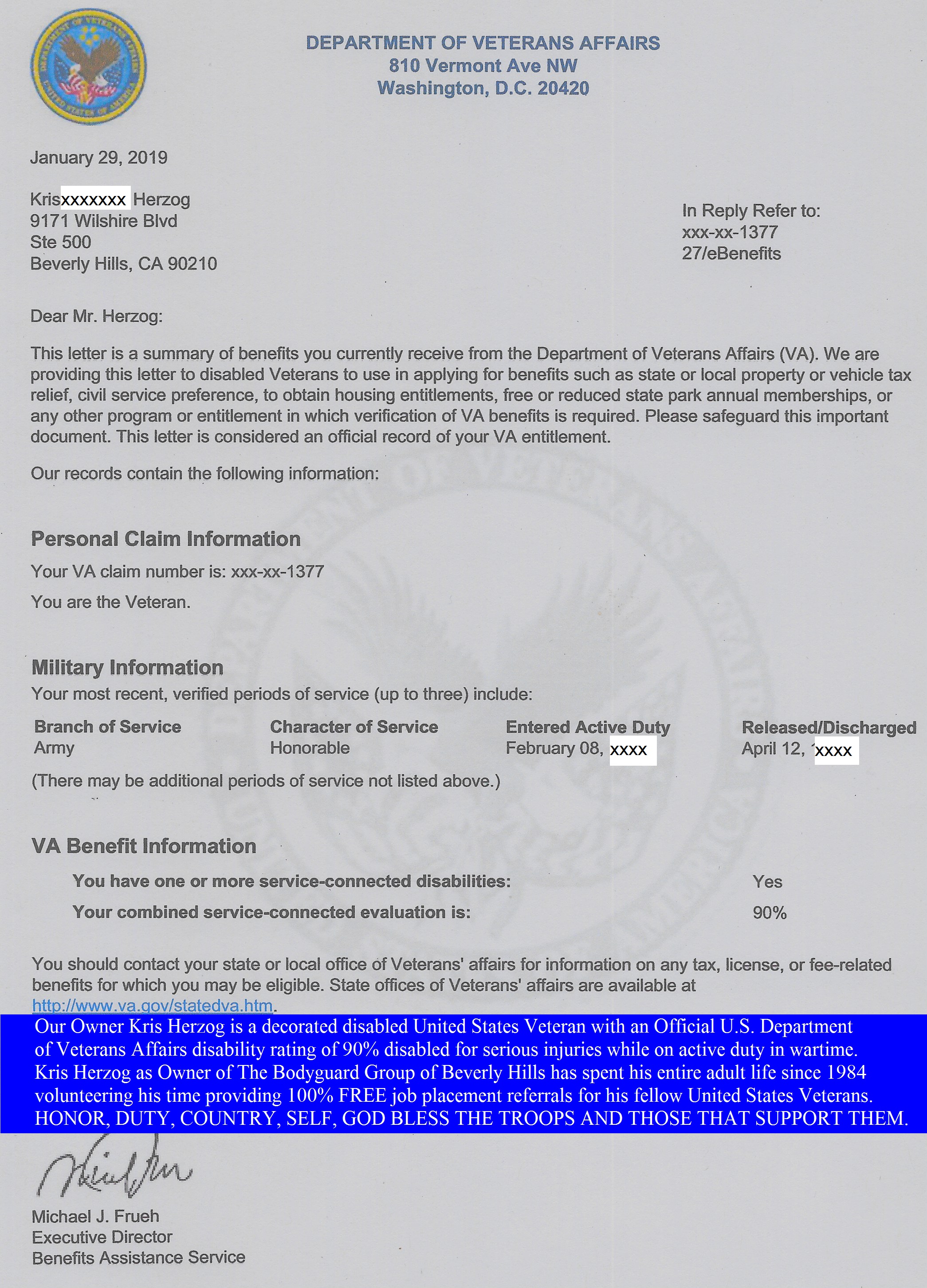 Kris Herzog The Bodyguard Group of Beverly Hills 90210 security U.S. Veteran certification letter U.S. Dept of Veterans Affairs