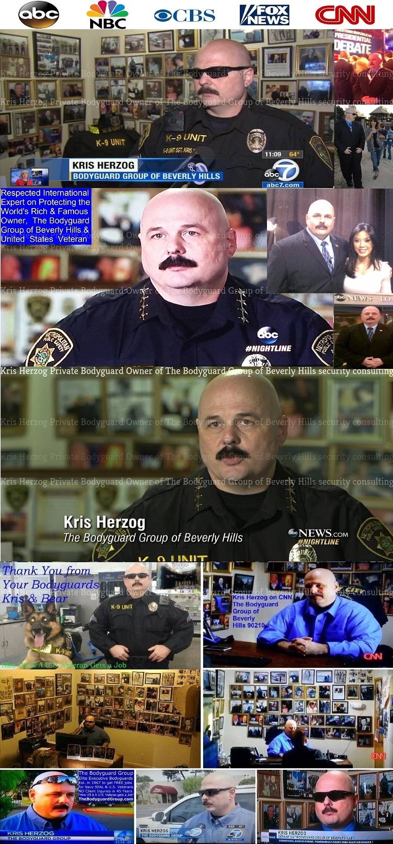 Kris Herzog and The Bodyguard Group of Beverly HIlls on the news abc, nbc, cbs, fox, cnn, los angeles celebrity bodyguards for hire 2011 u.s. copyright my true hollywood story by kris herzog 2019