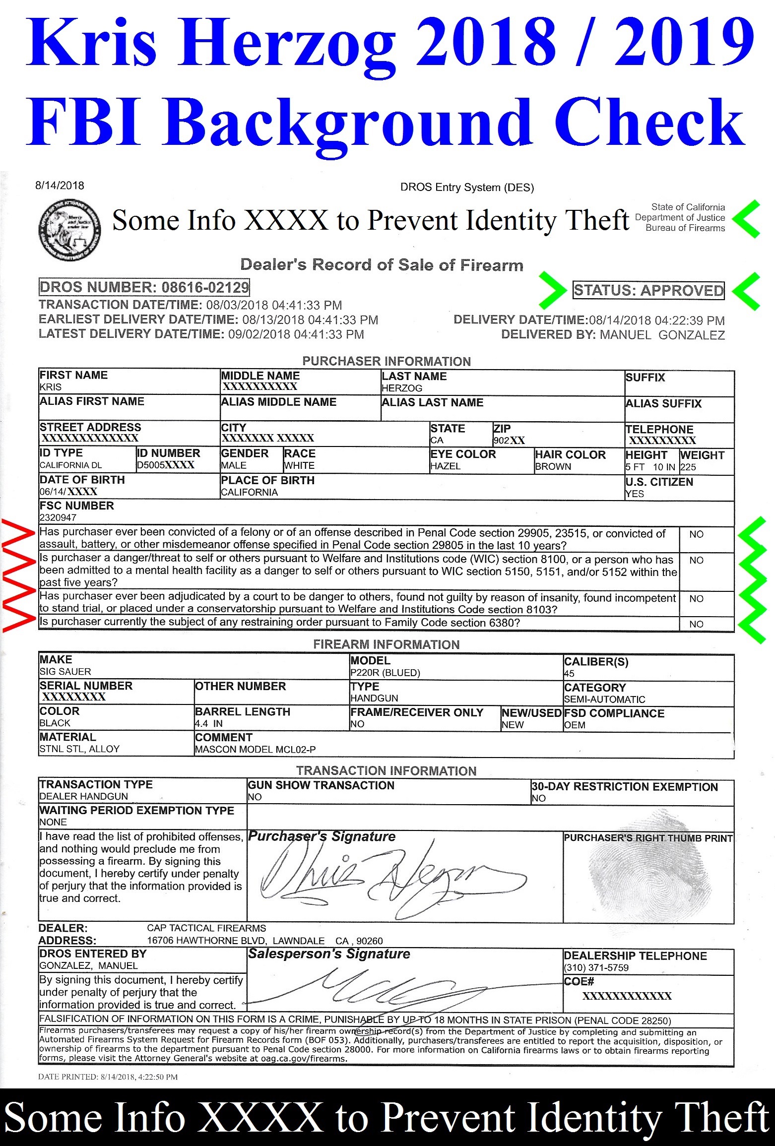 KRIS HERZOG FBI BACKGROUND CHECK FOR GUN PURAHASCE AND REGISTRATION The Bodyguard Group of Beverly Hills 90210