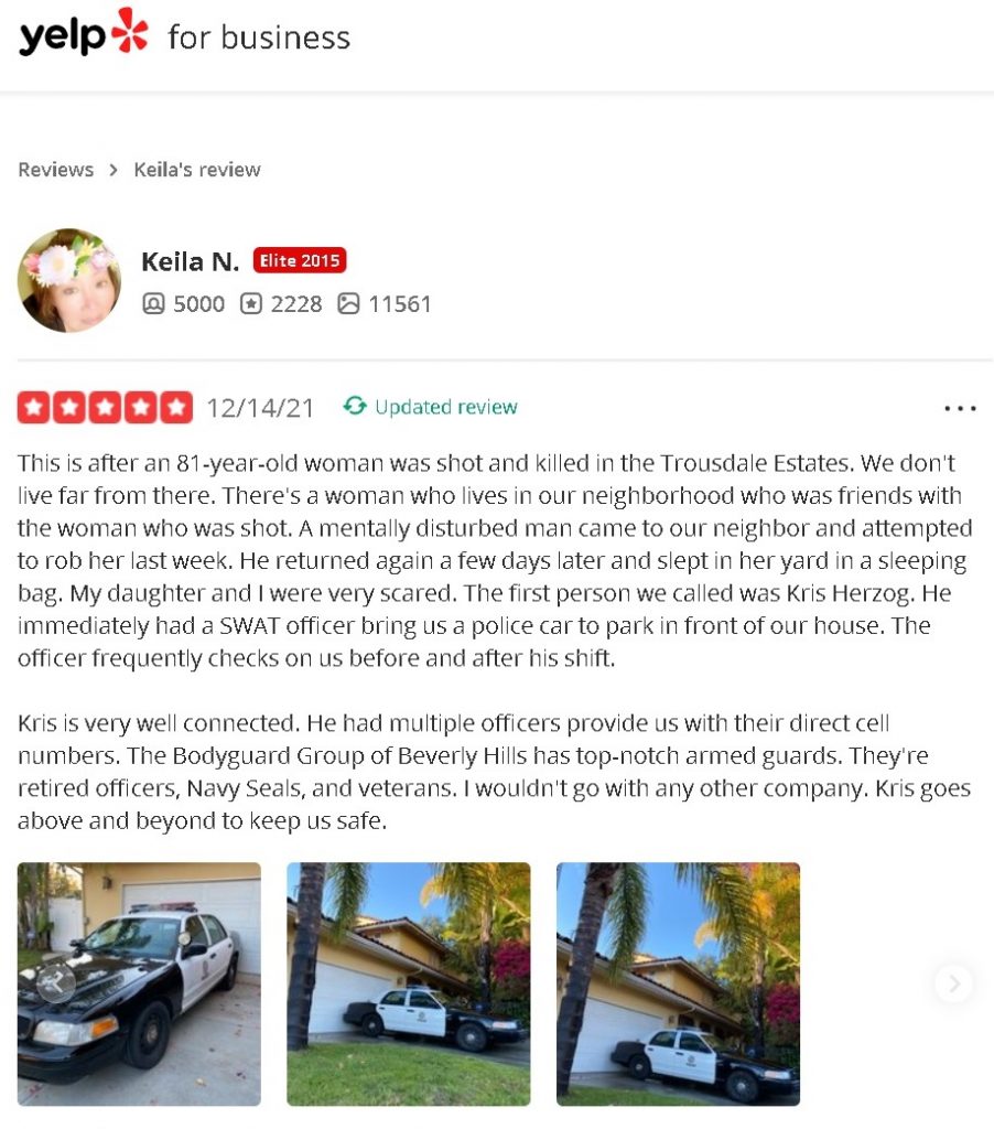 YELP Beverly Hills security Kris Herzog The Bodyguard Group of Beverly Hills security 90210 Los Angeles Celebrity Bodyguards off duty Police security for hire 2022 Kim Kardashian estate security