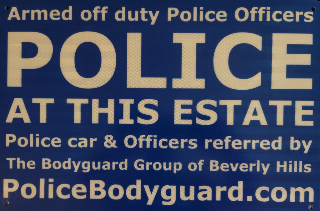 Beverly Hills security police car for rent estate security Kris Herzog The Bodyguard Group of Beverly Hills security 90210 Los Angeles Celebrity Bodyguards armed security for hire 2021 sign