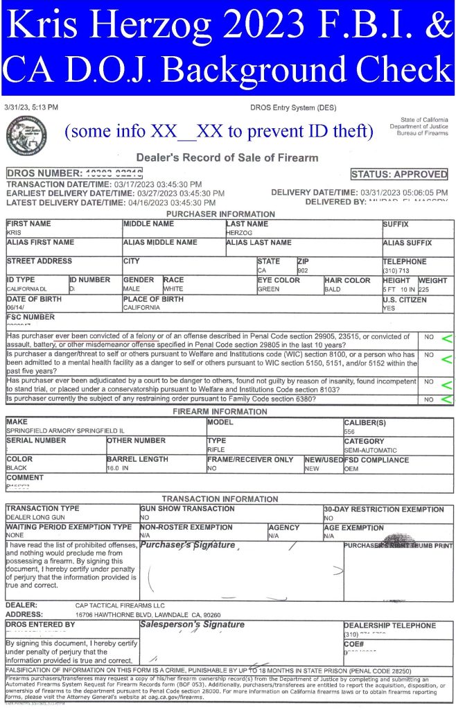 Kris Herzog FBI F.B.I. background check 2023 owner the bodyguard group of beverly hills california license firearms ccw concealed weapons permit 90210
