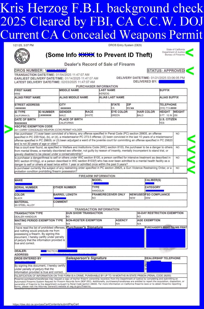2025 Owner KRIS HERZOG CCW concealed weapons permit FBI background check The Bodyguard Group of Beverly Hills security 90210 Kim Kardashian celebrity bodyguards 2025