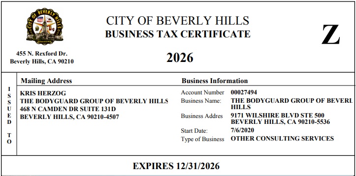 Kris Herzog Owner The Bodyguard Group of Beverly Hills security 90210 current California CCW concealed weapons permit holder 2026 Taylor Swift Kim Kardashian