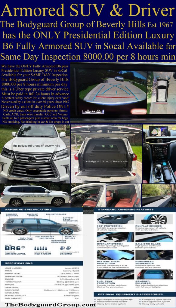 NEW Armored cars for rent in Los Angeles and Protective detail armored cars for rent armored SUV for rent in Beverly Hills security 90210